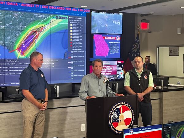 Gov. Brian Kemp said Georgia authorities are preparing for flash flooding, downed trees and heavy rainfall as Hurricane Idalia carves a menacing path from Florida’s Gulf Coast to South Georgia. He was speaking from the state  operations center. (Greg Bluestein / greg.bluestein@ajc.com)