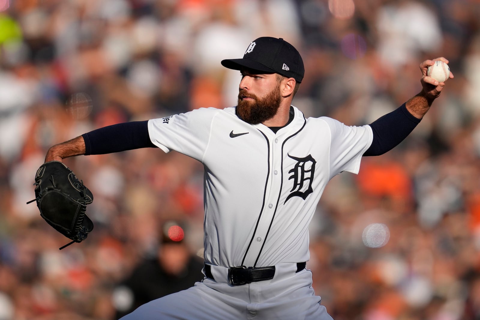 Detroit Tigers pitcher Sean Guenther throws against the Cleveland Guardians in the seventh inning during Game 3 of a baseball American League Division Series, Wednesday, Oct. 9, 2024, in Detroit. (AP Photo/Paul Sancya)