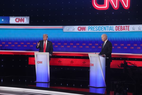 President Joe Biden and former President Donald Trump face off during their first presidential debate at CNN, Thursday, June 27, 2024, in Atlanta. (Jason Getz / AJC)
