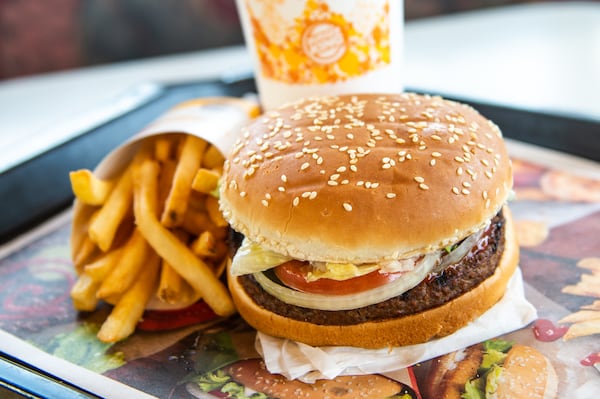 RICHMOND HEIGHTS, MO - APRIL 01: In this photo illustration, an 'Impossible Whopper' sits on a table at a Burger King restaurant on April 1, 2019 in Richmond Heights, Missouri. Burger King announced on Monday that it is testing out Impossible Whoppers, made with plant-based patties from Impossible Foods, in 59 locations in and around St. Louis area. (Photo Illustration by Michael Thomas/Getty Images)