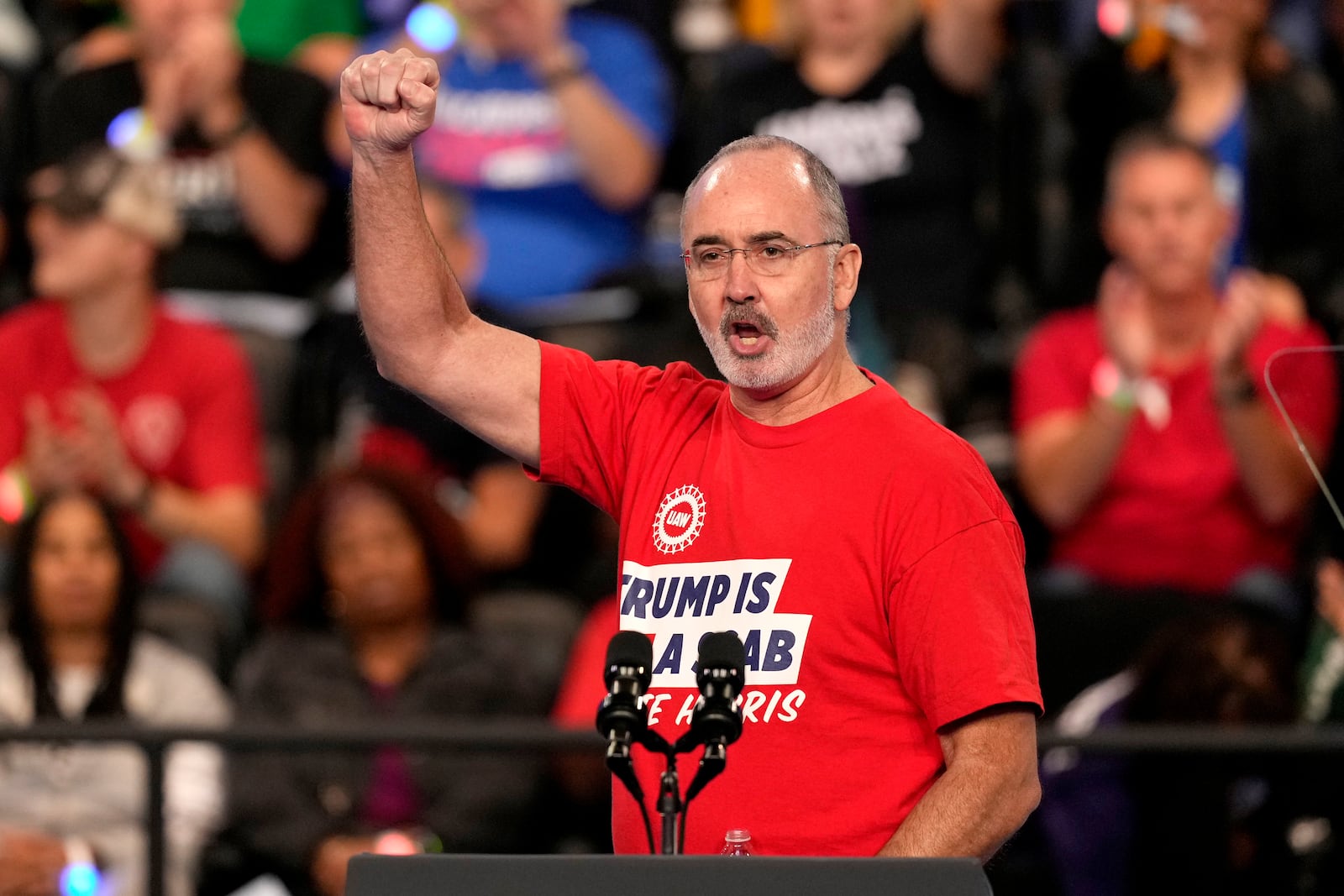 FILE - United Auto Workers President Shawn Fain speaks at a campaign rally for Democratic presidential nominee Vice President Kamala Harris at the Dort Financial Center in Flint, Mich., Oct. 4, 2024. (AP Photo/Carolyn Kaster, File)