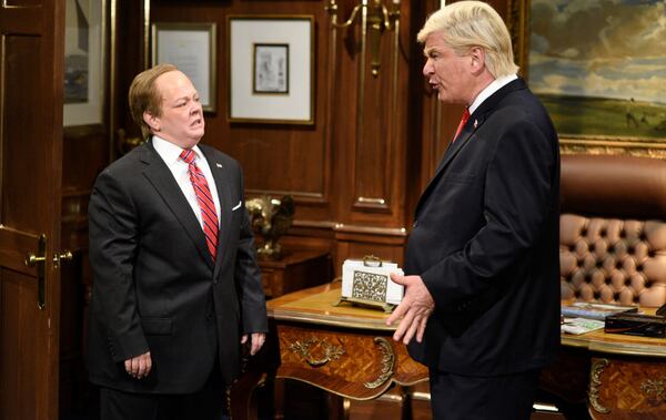 Actor/comedian Melissa McCarthy (l) as White House Press Secretary Sean Spicer and actor Alec Baldwin as President Donald Trump during the ‘Spicer Returns’ skit on May 13, 2017.