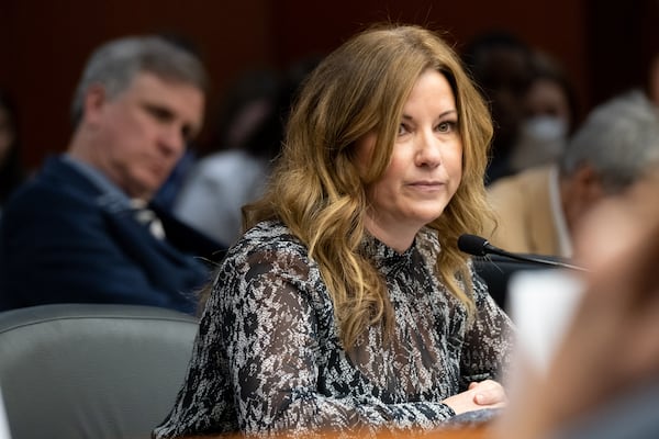 Jen Slipakoff, whose transgender daughter plays on a middle school girls lacrosse team, speaks out against Senate Bill 435 during a hearing Wednesday. Ben Gray for The Atlanta Journal-Constitution