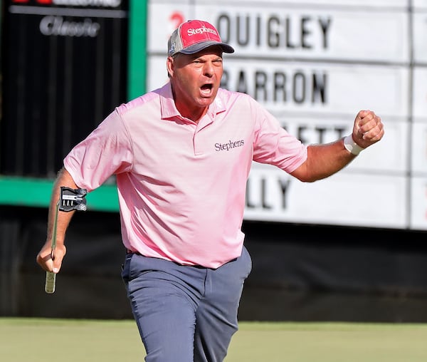 Dicky Pride, of Tuscaloosa, Ala., reacts to sinking his putt on the 18th hole to win the Mitsubishi Electric Classic by three strokes at 11-under Sunday, May 16, 2021, at TPC Sugarloaf in Duluth.     (Curtis Compton / Curtis.Compton@ajc.com)