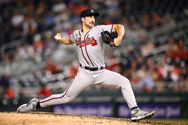 Atlanta Braves starting pitcher Spencer Strider throws during the fifth inning of a baseball game against the Washington Nationals, Wednesday, June 15, 2022, in Washington. (AP Photo/Nick Wass)