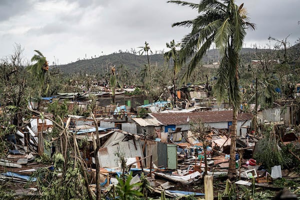 This photo provided on Monday Dec. 16, 2024 by the Civil Security shows part of the French territory of Mayotte in the Indian Ocean, after the island was battered by its worst cyclone in nearly a century. (UIISC7/Securite Civile via AP)