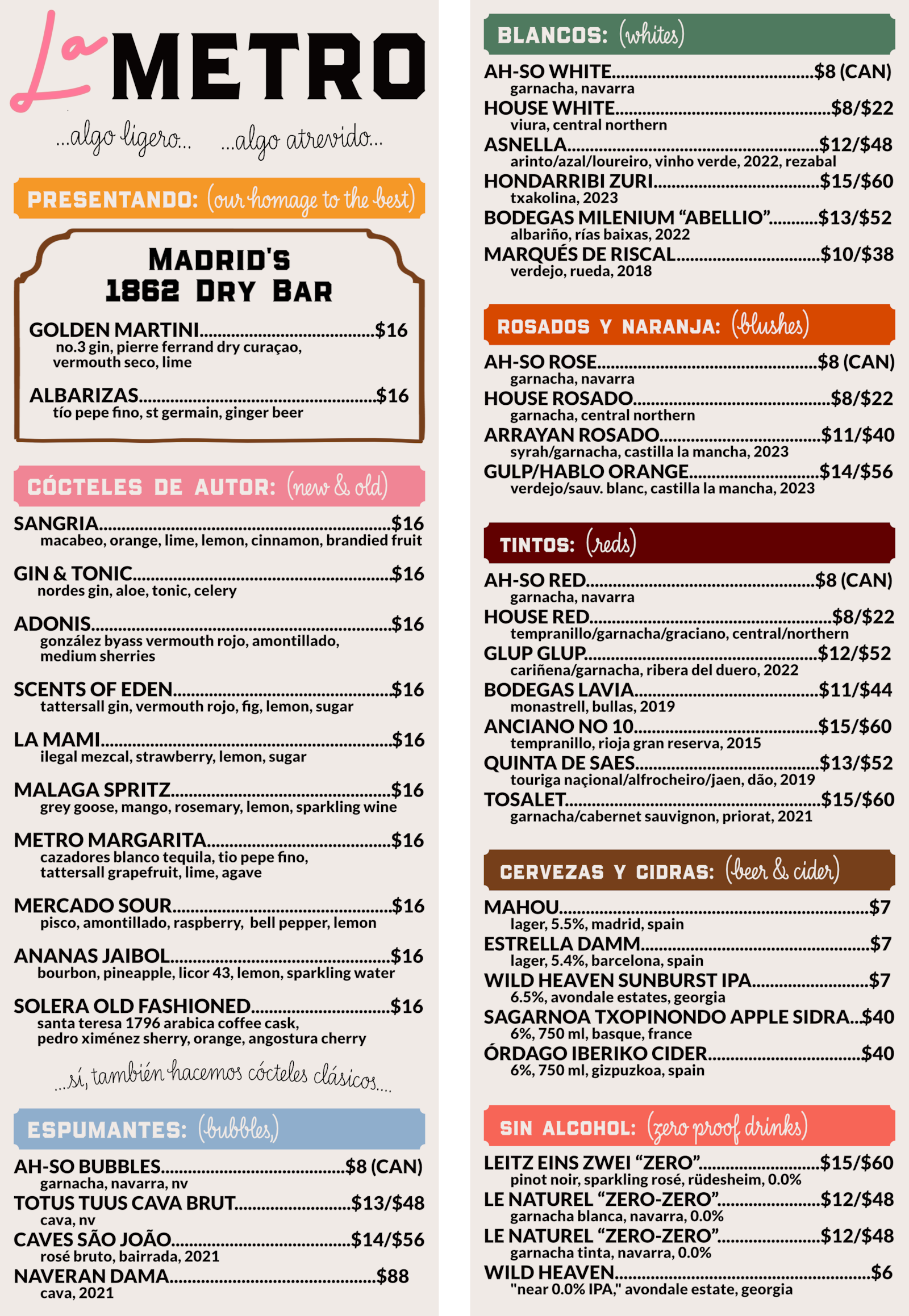 The menu from chef Hector Santiago's newest concept, tapas bar La Metro.