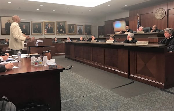 Attorney Dwight Thomas argues during a Georgia Supreme Court hearing on May 21, 2018, that members of the DeKalb Board of Ethics appointed by private groups are serving illegally. TIA MITCHELL/TIA.MITCHELL@AJC.COM