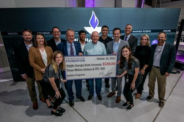 The Delta Air Lines Foundation gave Middle Georgia State University a $3 million grant and presented a ceremonial check during an event in Eastman, Georgia. (Courtesy of Middle Georgia State University)