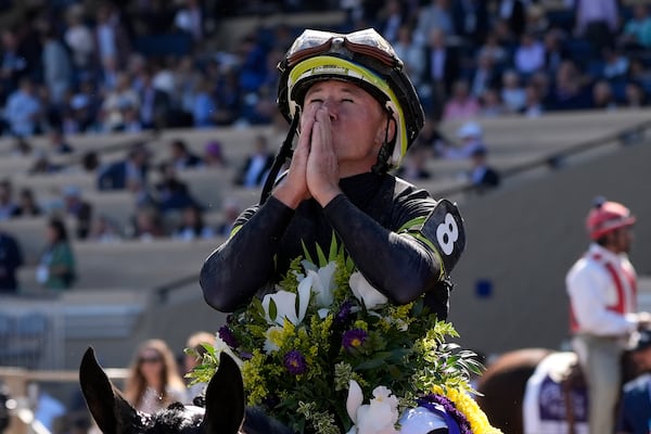 Drayden Van Dyke reacts after riding Soul Of An Angel to victory in the Breeders' Cup Filly and Mare Sprint horse race in Del Mar, Calif., Saturday, Nov. 2, 2024. (AP Photo/Gregory Bull)