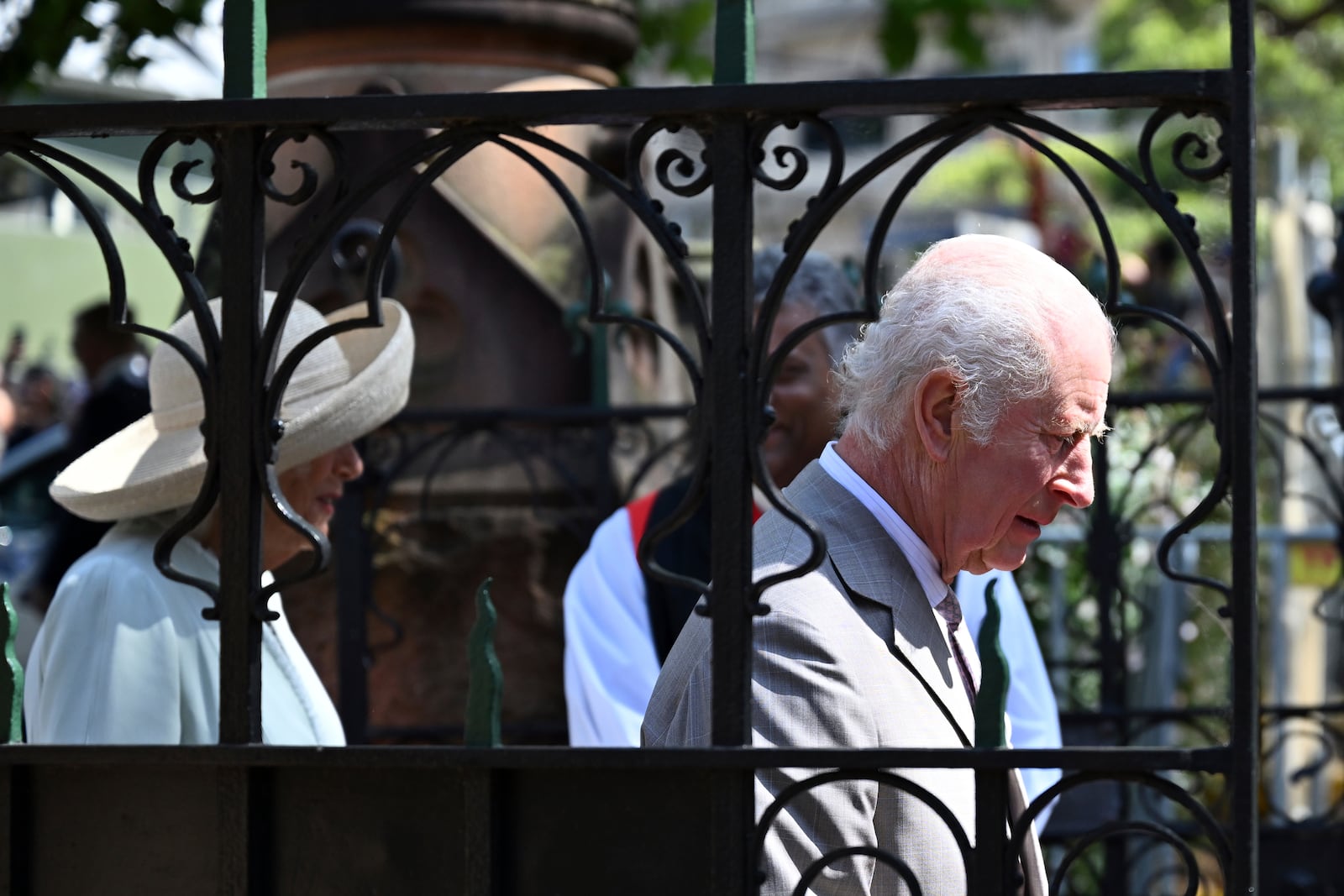 King Charles III, right, and Queen Camilla, left, arrive for a visit to St Thomas' Anglican Church in Sydney, Sunday, Oct. 20, 2024. (Dean Lewins/Pool Photo via AP)