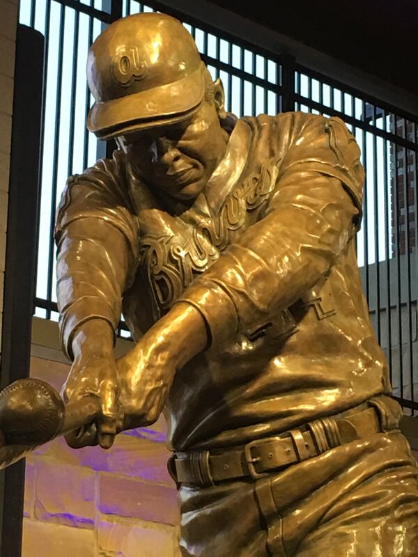 A statue of Atlanta Brave great Henry Aaron, like this one at Truist Park, could replace a figure in the National Statuary Hall at the U.S. Capitol honoring former Confederate leader Alexander Stephens.State Rep. Trey Kelley, R-Cedartown, has proposed the switch, which would require the approval of the General Assembly. Courtesy: Ross Rossin