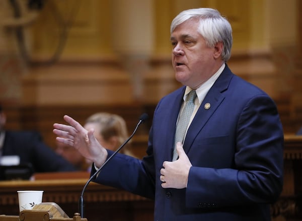 Senate Majority Leader Bill Cowsert speaks in support of the adoption legislation, House Bill 159, which passed the state Senate on Thursday. The bill is meant to make adoptions easier and faster, but senators amended it last week to add a provision that Gov. Nathan Deal vetoed last year. BOB ANDRES /BANDRES@AJC.COM