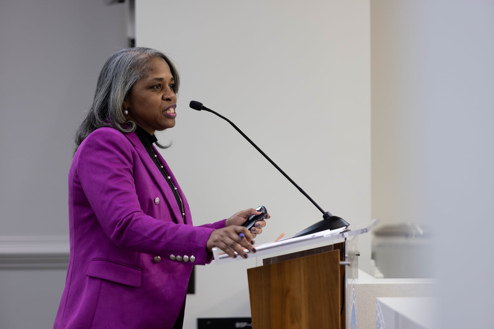 LaChandra Burkes, Deputy COO of Alanta, gives a presentation on funding during a committee meeting concerning the proposed Atlanta Public Safety Training Center at Atlanta City Hall in Atlanta, GA., on Wednesday, January 17, 2024. (Photo/Jenn Finch)