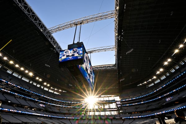 The roof is seen open at AT&T Stadium prior to an NFL football game between the Dallas Cowboys and the Houston Texans, Monday, Nov. 18, 2024, in Arlington. (AP Photo/Jerome Miron)