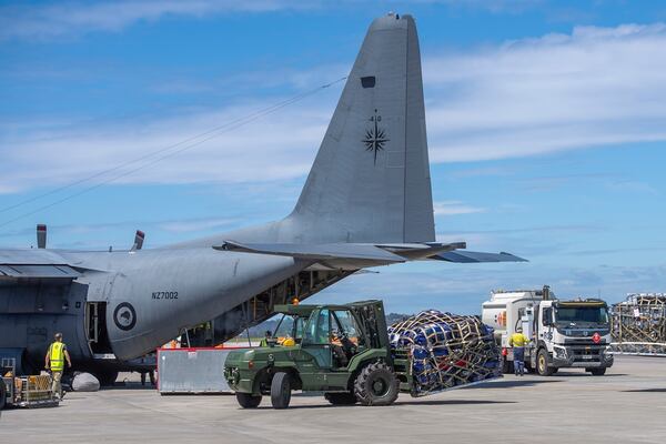 A Royal New Zealand Air Force Hercules C130 H is loaded up with supplies to deliver to Vanuatu, in Auckland, New Zealand, Wednesday, Dec. 18, 2024, following a strong earthquake that struck just off the coast of Vanuatu in the South Pacific Ocean, Tuesday, Dec. 17, 2024. (SGT Maria Eves/New Zealand Defence Force via AP)