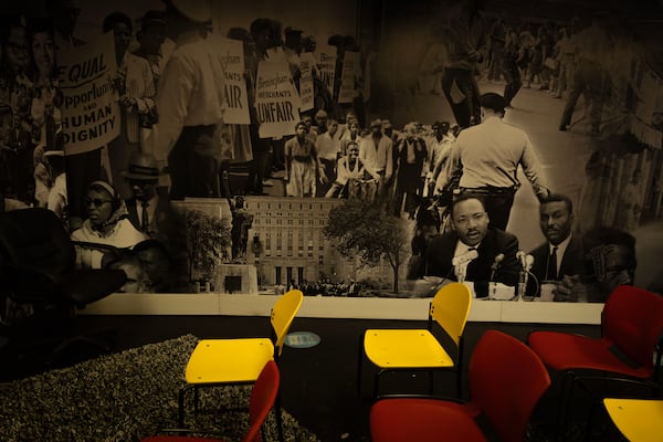 A wall inside the Civil Rights Activist Committee Headquarters in Birmingham, Ala., on June 17, 2024, displays a collage of historical photographs from the Civil Rights Movement. The space commemorates the work of the citizens who marched, protested and advocated for civil rights, also known as foot soldiers. (Photo by Jordan Moore/News21)