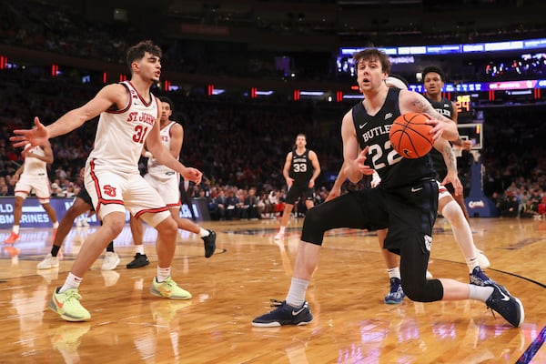 Butler forward Patrick McCaffery (22) drives to the basket during the second half of an NCAA college basketball game against St. John's in the quarterfinals of the Big East Conference tournament, Thursday, March 13, 2025, in New York. (AP Photo/Pamela Smith)