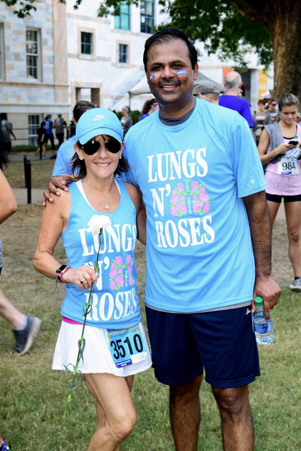 Erica Aronin and Dr. Suresh Ramalingam at a Lungs N’ Roses 5K fundraiser for Winship Cancer Institute