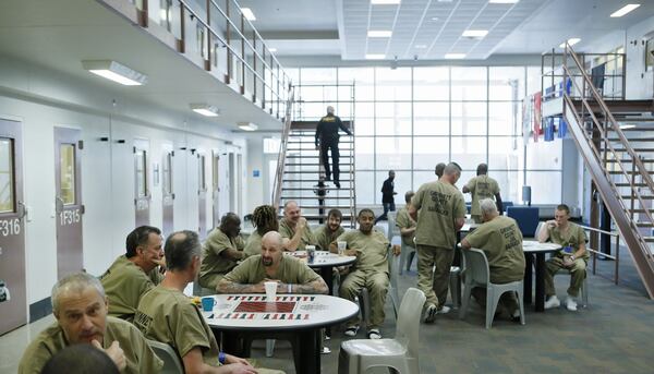 November 20, 2019 - Lawrenceville - Inmates of “The Barracks” spend their free time in the day room. The Gwinnett County jail has designated a new housing unit just for inmates who are military veterans. “The Barracks” is intended to be a therapeutic, 70-bed unit focused on providing the type of support crucial to helping incarcerated veterans make a successful transition back into the community. Bob Andres / robert.andres@ajc.com