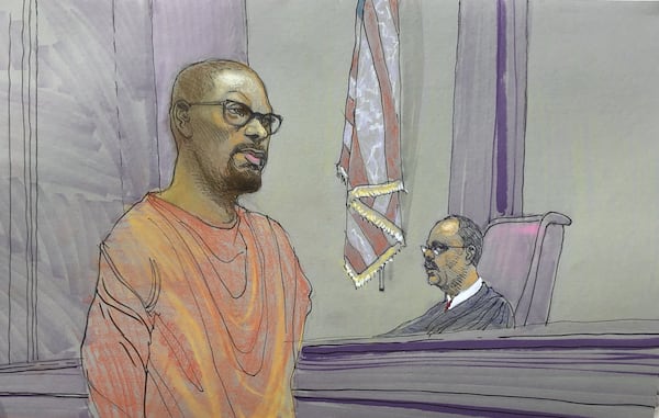 A courtroom sketch of defendant Shandarrick Barnes who was sentenced to prison Monday, April 9, 2018, for trying to intimidate a federal witness in the Atlanta City Hall bribery scheme. Sketch by artist Richard Miller