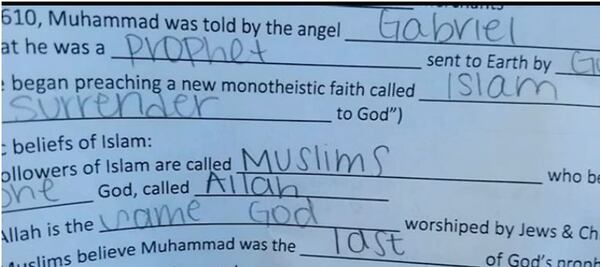 A class exercise about world religions. The fill-in-the-blank sentence especially came under concern from some parents. (AJC)