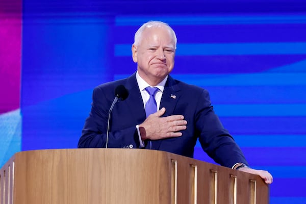 Minnesota Gov. Tim Walz, running mate of Vice President Kamala Harris, addresses delegates to the Democratic National Convention in Chicago.