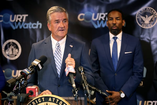 Atlanta Police Foundation CEO Dave Wilkinson speaks at a press conference at the Fulton County courthouse Monday, June 13, 2022, with Atlanta Mayor Andre Dickens. (Jason Getz / Jason.Getz@ajc.com)