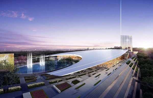 The $1.4 billion MGM National Harbor casino resort, shown in this artist’s rendering, will feature restaurants by celebrity chefs, luxury shops, a 3,000-seat theater and a hotel with 308 rooms and suites. The project is expected to open late this year in Maryland. MGM hopes a change in law will allow it to operate in Georgia, where opposition to casino gambling remains strong.