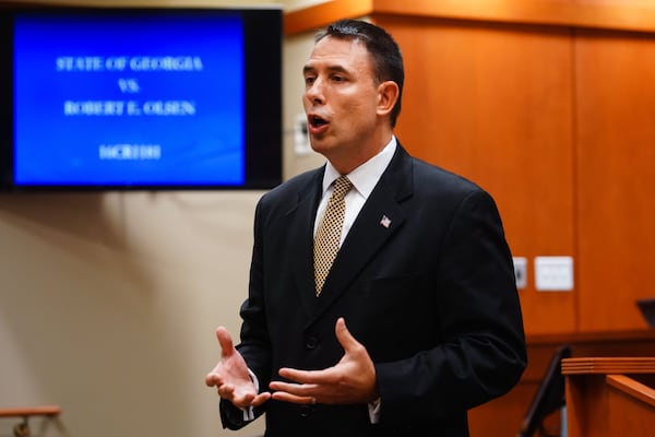 October 3, 2019 -- Pete Johnson, attorney for the prosecution, gives closing arguments during day five of the Robert "Chip" Olsen murder trial at the DeKalb County Courthouse on October 3, 2019 in Decatur. Olsen is charged with murdering war veteran Anthony Hill. (Elijah Nouvelage for The Atlanta Journal-Constitution)