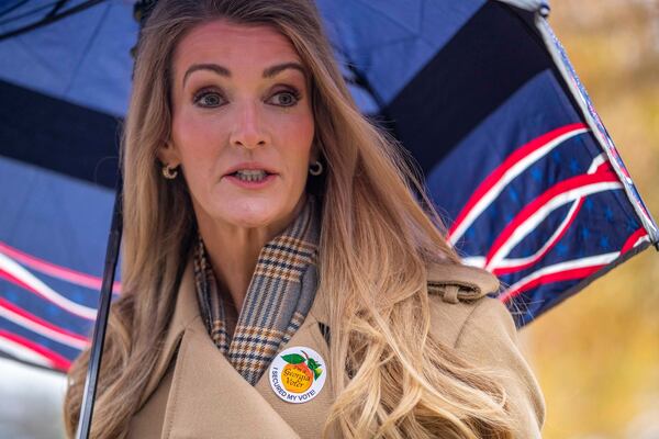 12/16/2020 —  Atlanta, Georgia —  U.S. Senator Kelly Loeffler speaks with members of the press after participating in early voting at Chastain Park Gymnasium in Atlanta’s Chastain Park neighborhood, Wednesday, December 16, 2020.  (Alyssa Pointer / Alyssa.Pointer@ajc.com)