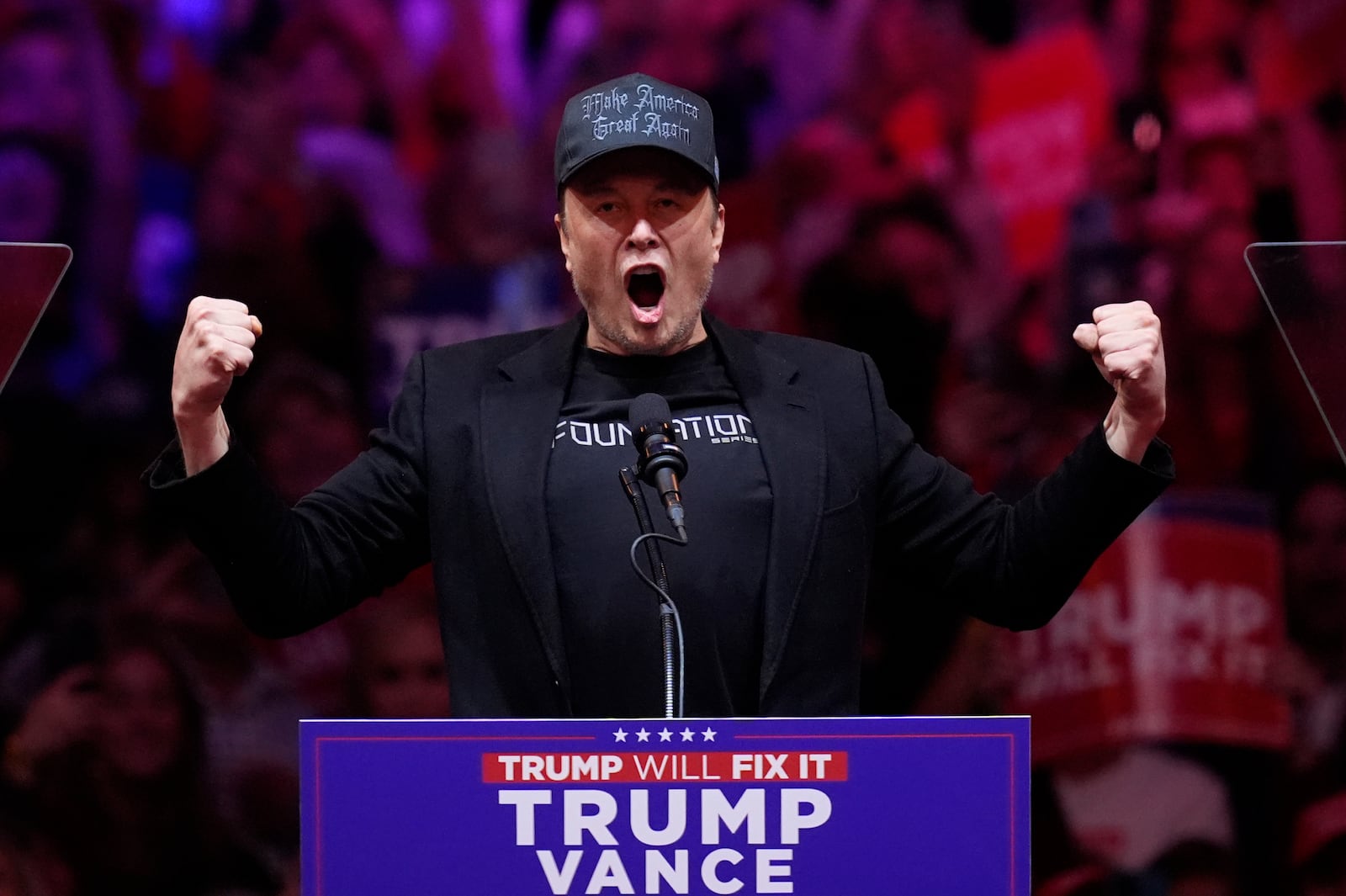 Elon Musk speaks before Republican presidential nominee former President Donald Trump at a campaign rally at Madison Square Garden, Sunday, Oct. 27, 2024, in New York. (AP Photo/Evan Vucci)