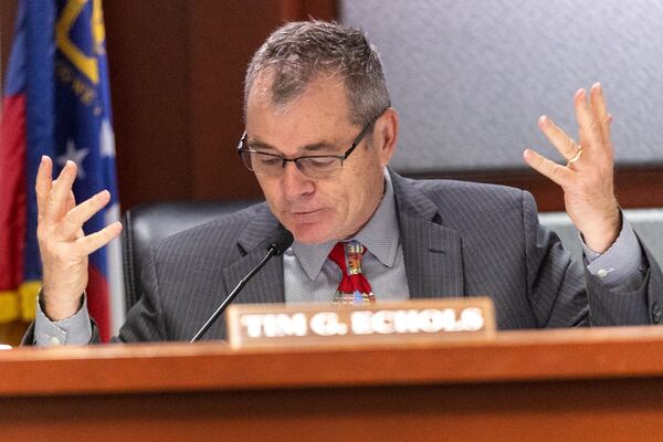 PSC Vice-Chairman Tim Echols talks during hearings on Georgia Power's rate case on Tuesday, Nov. 29, 2022.  (Steve Schaefer/steve.schaefer@ajc.com)