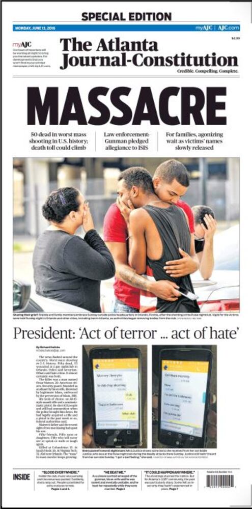 Newspaper front pages reflect Orlando tragedy