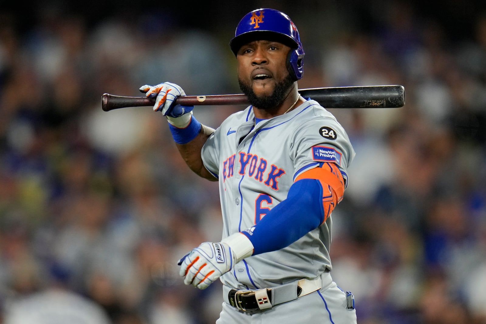 New York Mets' Starling Marte reacts after striking out against the Los Angeles Dodgers during the fifth inning in Game 6 of a baseball NL Championship Series, Sunday, Oct. 20, 2024, in Los Angeles. (AP Photo/Julio Cortez)