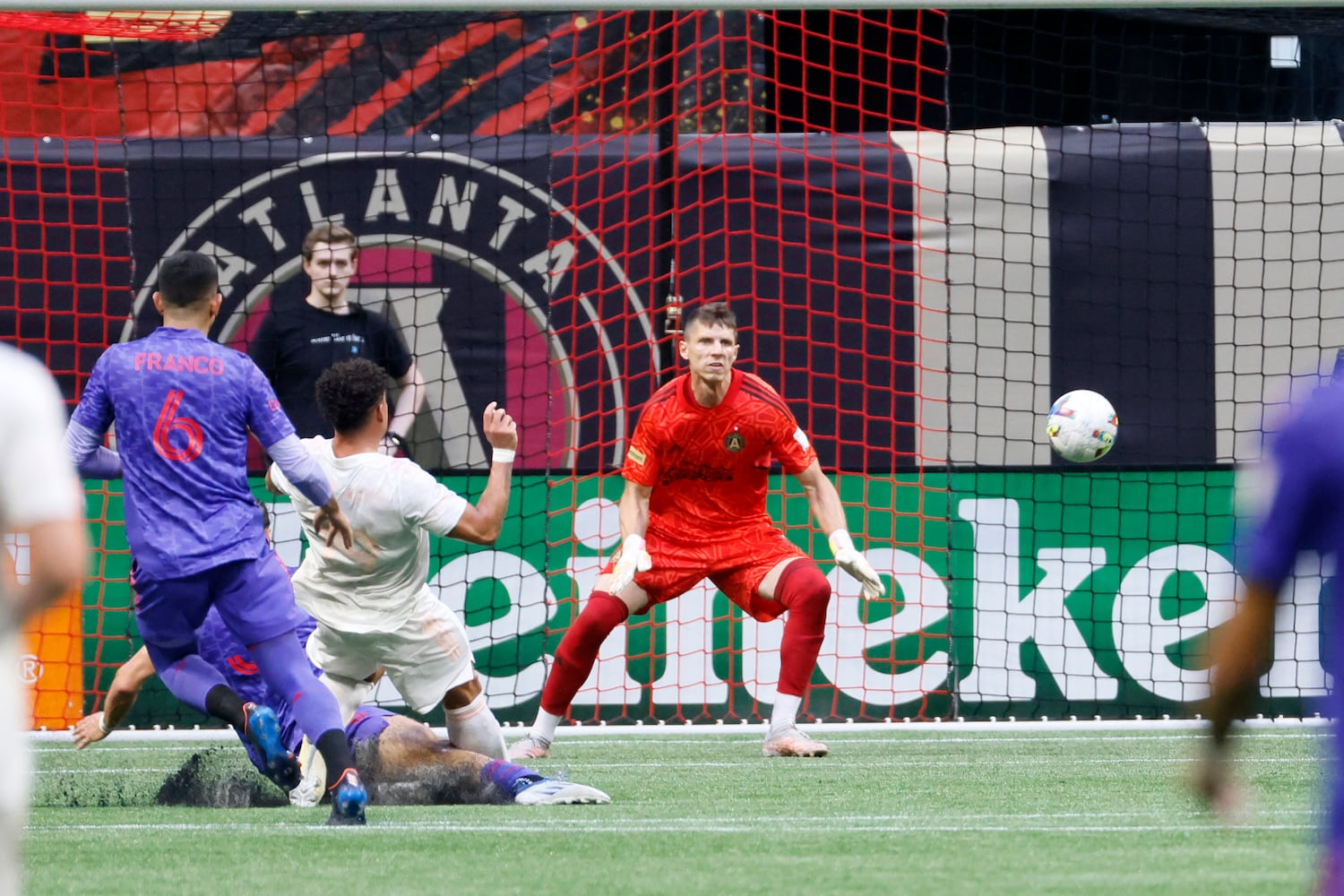 Columbus Crew attacker Erick Hurtado connects with the ball for the team's second goal during the first half of an MLS soccer match at Mercedes-Benz Stadium on Saturday, May 28, 2022. Miguel Martinez / miguel.martinezjimenez@ajc.com