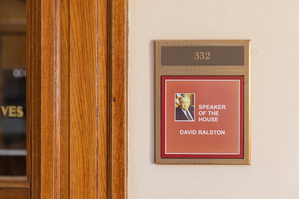 Incoming House Speaker Jon Burns was in no hurry to move into the office his friend and predecessor, David Ralston, occupied as speaker until his death in November. A nameplate with Ralston’s picture still welcomed visitors to the office last week. (Arvin Temkar / arvin.temkar@ajc.com)