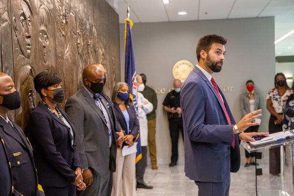 Atlanta Chief Operating Officer Jon Keen addresses questions about cameras in Piedmont Park during a press conference on Aug. 3 at City Hall. Keen said the technology for the cameras at Piedmont Park is "obsolete." (Jenni Girtman for The Atlanta Journal-Constitution)