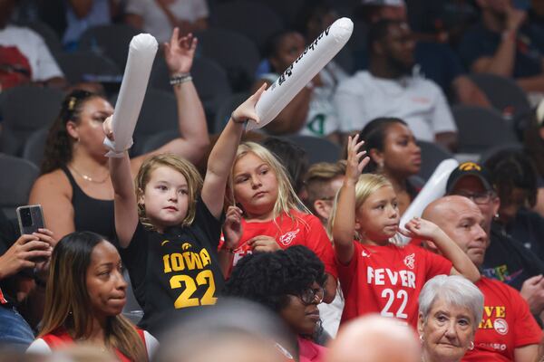 Young fans of Indiana Fever guard Caitlin Clark cheer on the Indiana Fever during the Fever game against the Atlanta Dream at State Farm Arena, Friday, June 21, 2024, in Atlanta. Indiana won 91-79. (Jason Getz / AJC)
