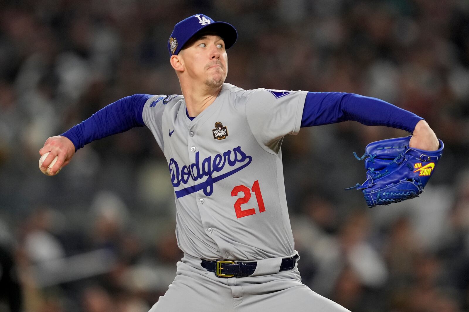 Los Angeles Dodgers pitcher Walker Buehler throws against the New York Yankees during the second inning in Game 3 of the baseball World Series, Monday, Oct. 28, 2024, in New York. (AP Photo/Ashley Landis)