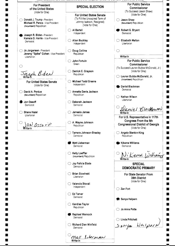 One voter added the names of candidates chosen in the write-in field and selected multiple candidates in the U.S. Senate special election.