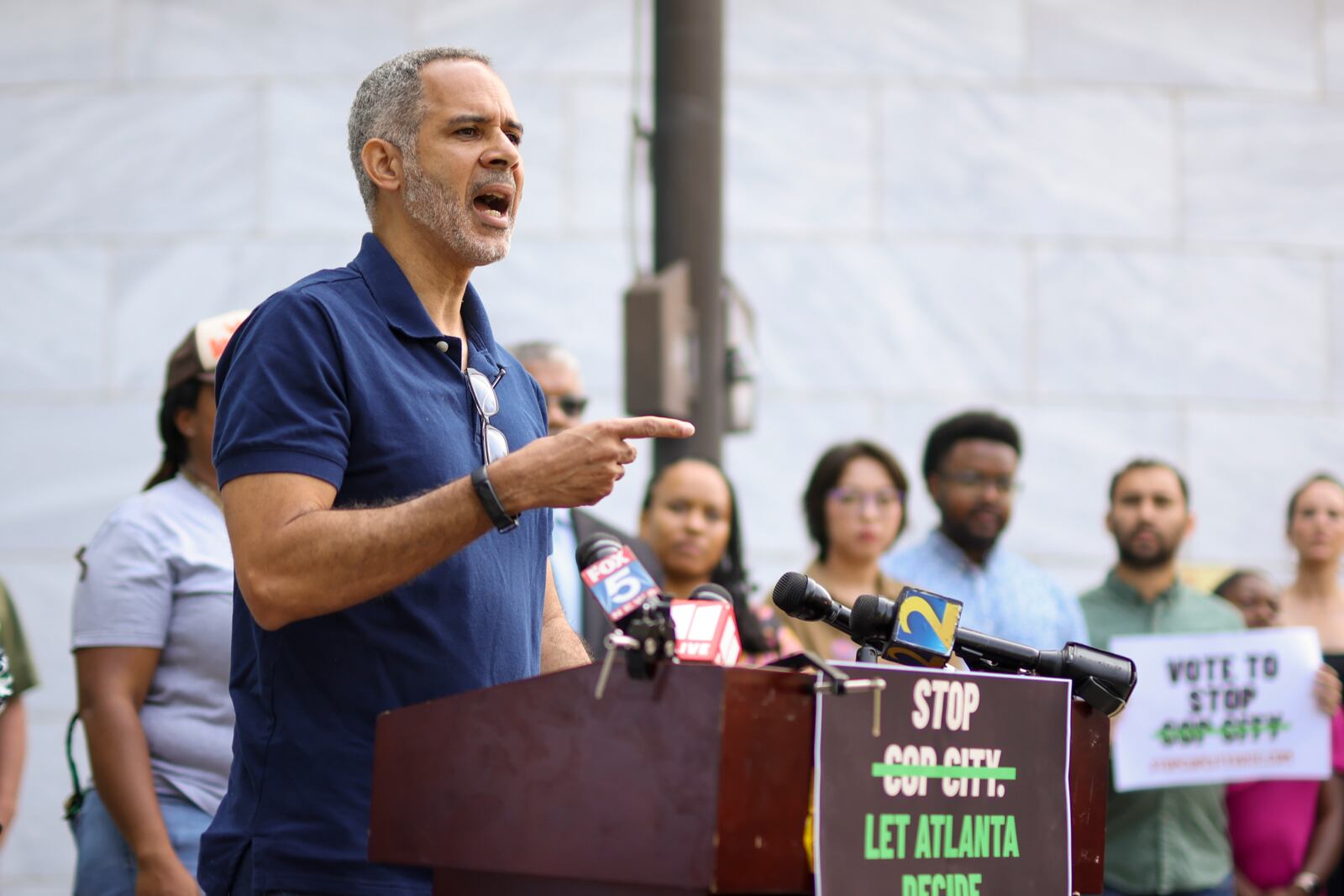 Kamau Franklin speaks as a part of the ‘Vote to Stop Cop City’ coalition during a press conference to launch a referendum campaign to put Cop City on the ballot outside of Atlanta City Hall, Wednesday, June 7, 2023, in Atlanta. (Jason Getz / Jason.Getz@ajc.com)