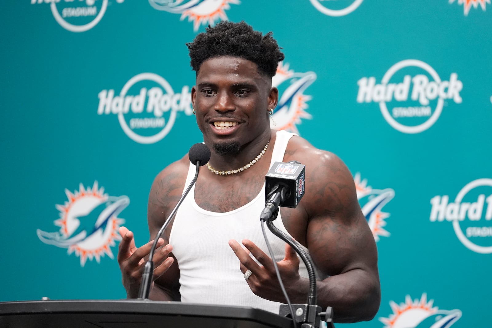 Miami Dolphins wide receiver Tyreek Hill speaks during an NFL football post game news conference, Sunday, Sept. 8, 2024, in Miami Gardens, Fla. The Dolphins defeated the Jaguars 20-17. (AP Photo/Rebecca Blackwell)