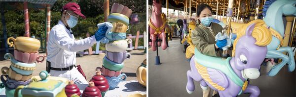 Employees sanitize rides at Shanghai Disney Resort.