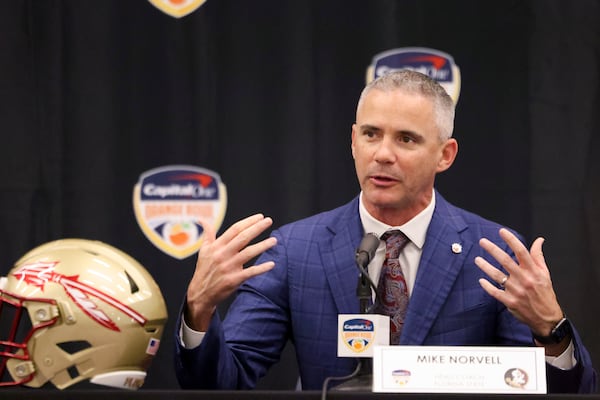 Florida State head coach Mike Norvell speaks during the head coaches joint press conference at the Le Meridien Dania Beach Hotel, Friday, Dec., 29, 2023, in Fort Lauderdale, Florida. (Jason Getz / Jason.Getz@ajc.com)