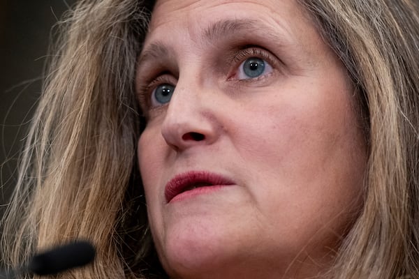 Minister of Finance and Deputy Prime Minister Chrystia Freeland delivers remarks on Parliament Hill in Ottawa, Ontario, Wednesday, Dec. 11, 2024. (Spencer Colby/The Canadian Press via AP)