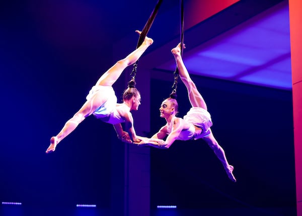 Charlotte O’Sullivan and Penelope Elena Scheidler are literally hanging by their hair as they portray fireflies in "Echo." Photo: Jean-François Savaria