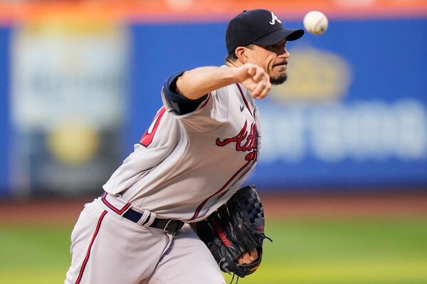 Atlanta Braves' Charlie Morton pitches during the first inning of a baseball game against the New York Mets Friday, Aug. 11, 2023, in New York. (AP Photo/Frank Franklin II)