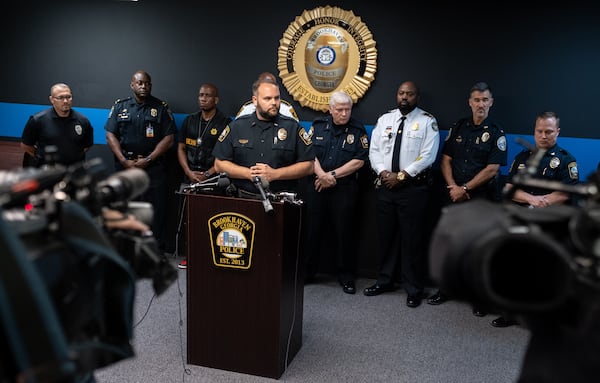 210610-Brookhaven-Brookhaven Police Lt. David Snively talks to journalists about the arrest of Christopher Jones in the weekend stabbing of a pregnant woman on the Peachtree Creek Greenway.  Ben Gray for the Atlanta Journal-Constitution