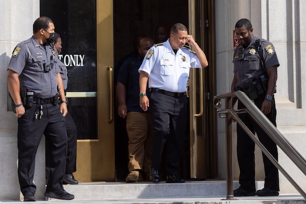 Fulton County Sheriff Patrick Labat leaves Fulton County Courthouse in Atlanta on Monday, August 14, 2023.
 (Arvin Temkar / arvin.temkar@ajc.com)